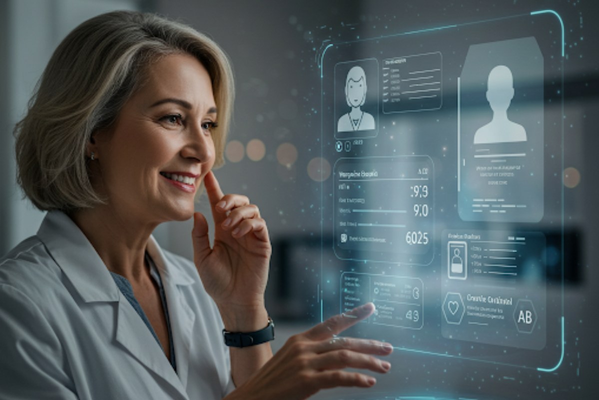 A woman talking to a holographic screen displaying an AI interface with information about her medication.