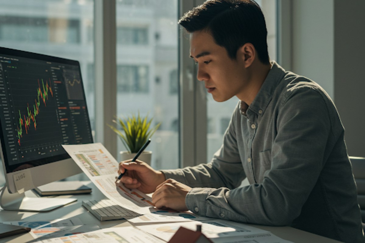 A young Asian man at a modern desk, carefully analyzing charts and graphs on a large monitor.