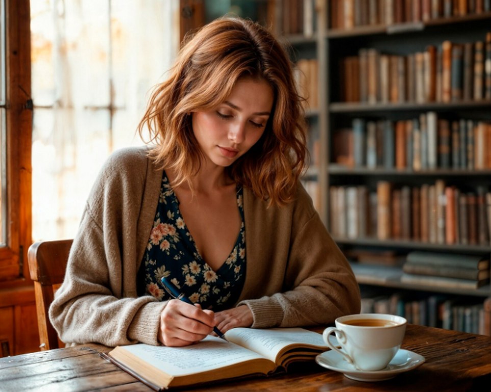 A young woman writing a novel in a library.