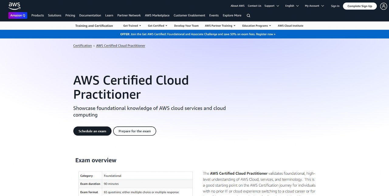 AWS cloud practitioner learning webpage.