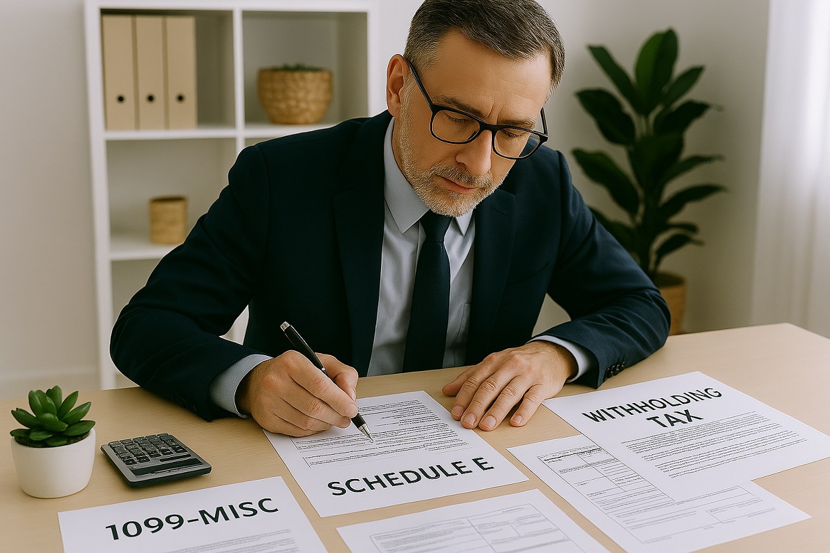 An accountant at a desk surrounded by tax documents.