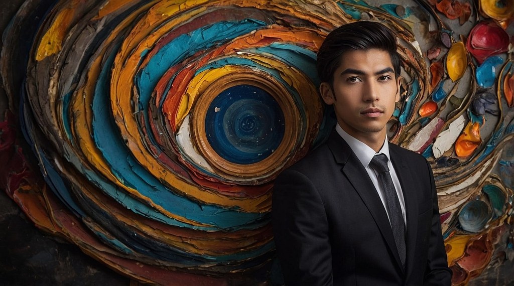 An artist standing next to his art piece.