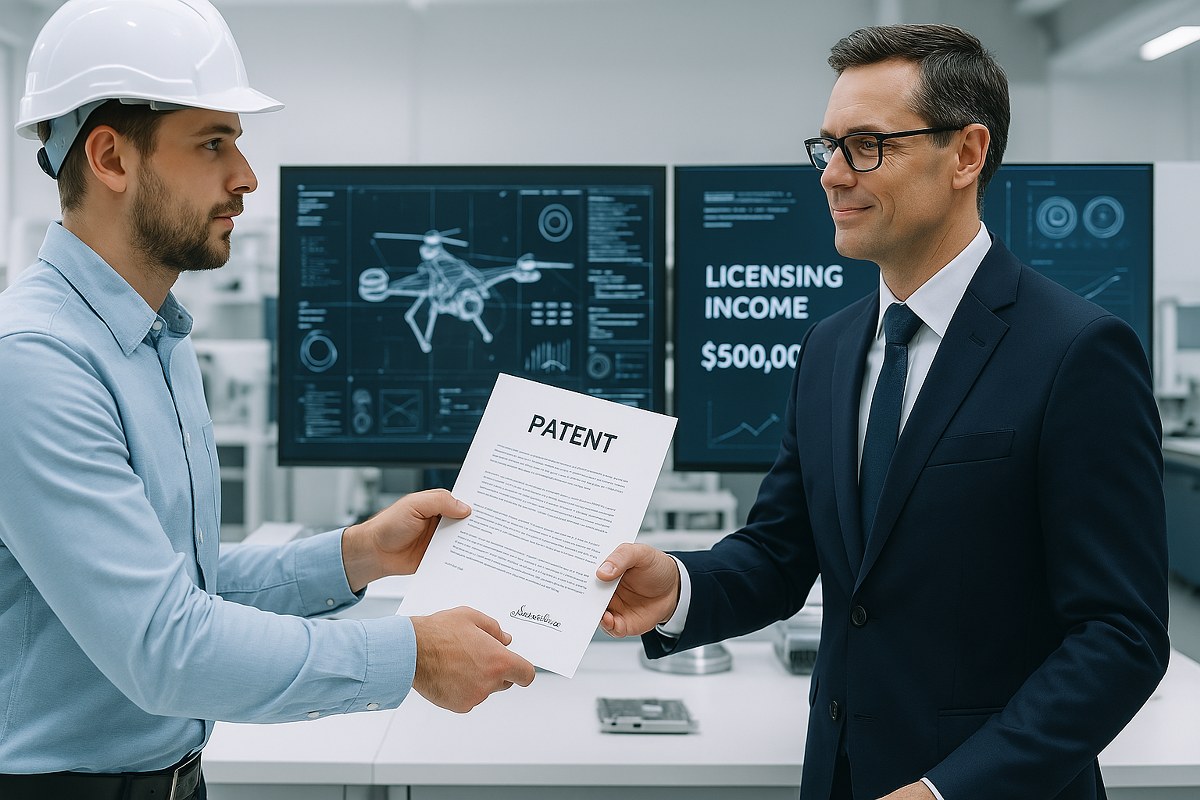 An engineer handing a patent document to a business executive in a lab setting.