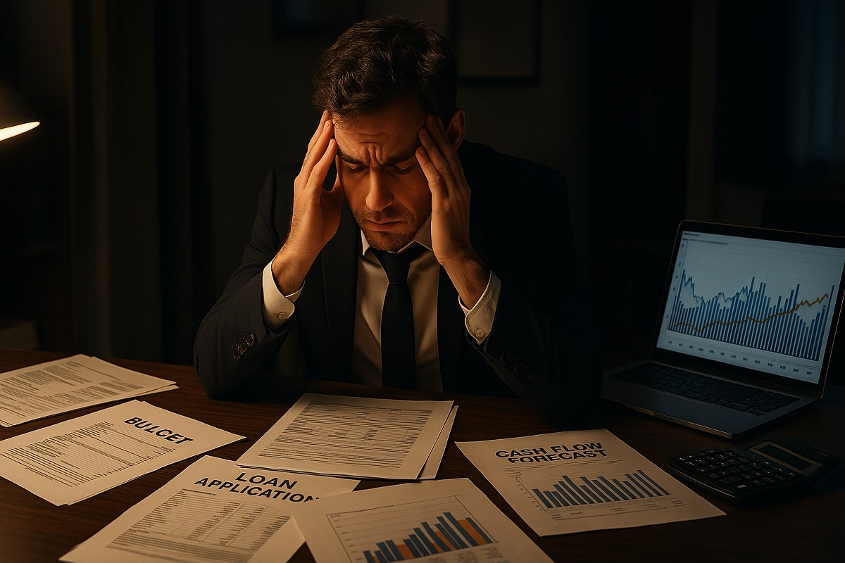 An entrepreneur frustrated about funding with loan applications on his desk.