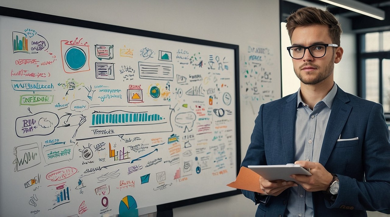  An expert scribbling on a whiteboard.