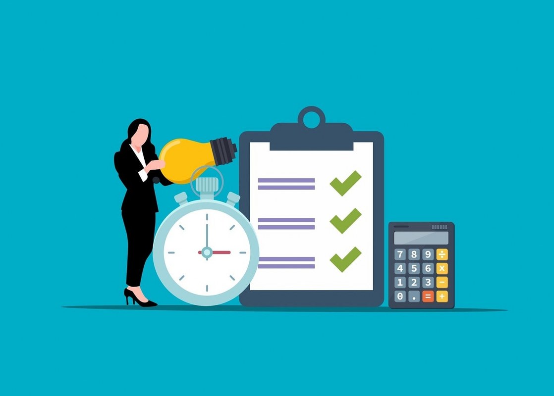 An illustrative picture of a woman standing next to a giant stopwatch and a checklist. 