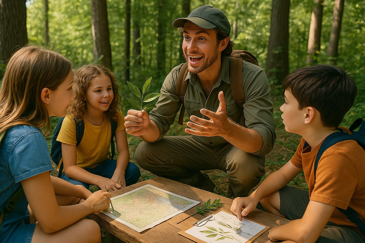 An instructor teaching children outdoors.