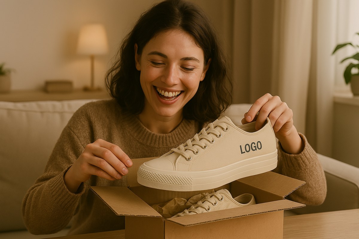 An online shopper unboxing delivered shoes.