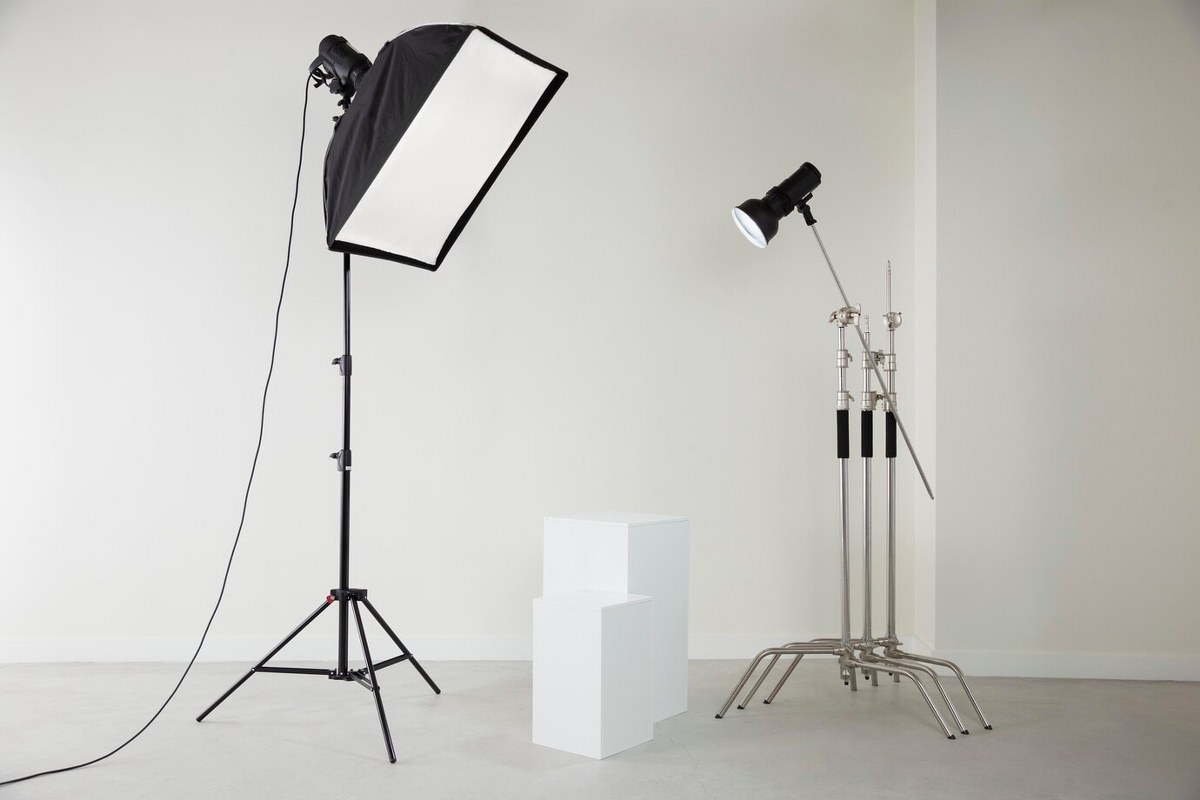Arrangement of professional photographer equipment.