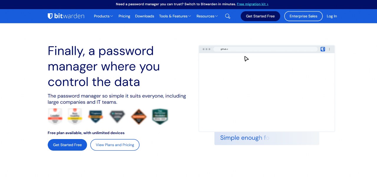 Bitwarden website homepage.
