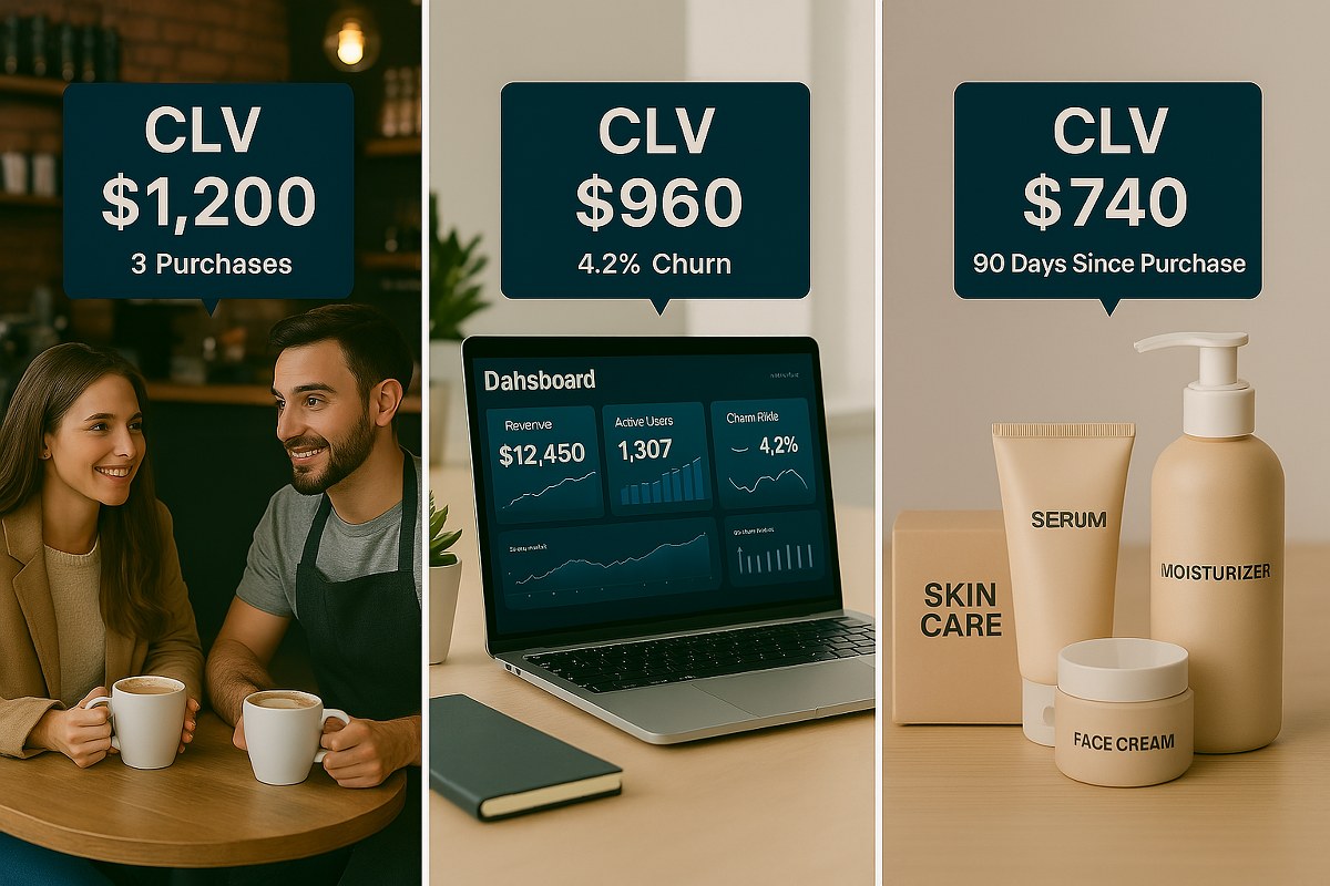CLV for a coffee shop, a SaaS subscription and a skincare brand.