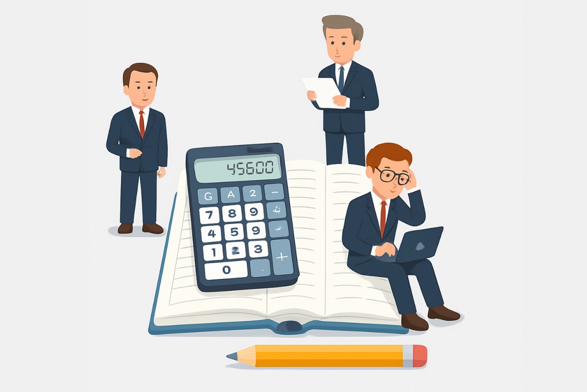 Cartoon illustration of business people around a large calculator.