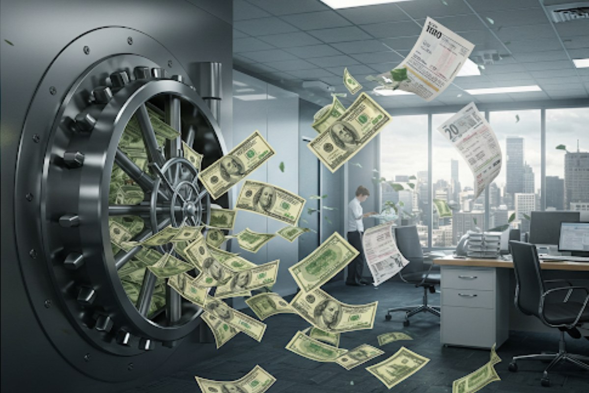 Cash flowing out of bank.