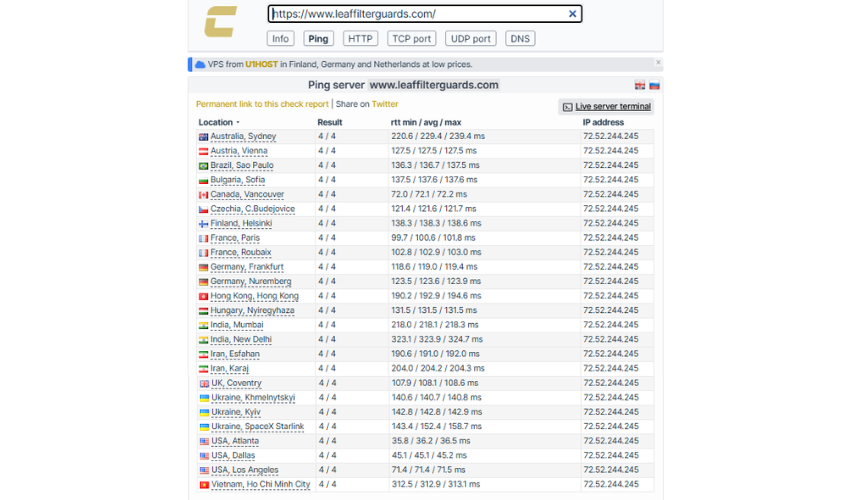 Checkhost ping test for the site that is hosted on Liquid Web