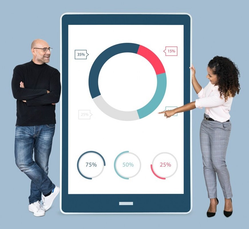 Cheerful people showing pie chart on a tablet.