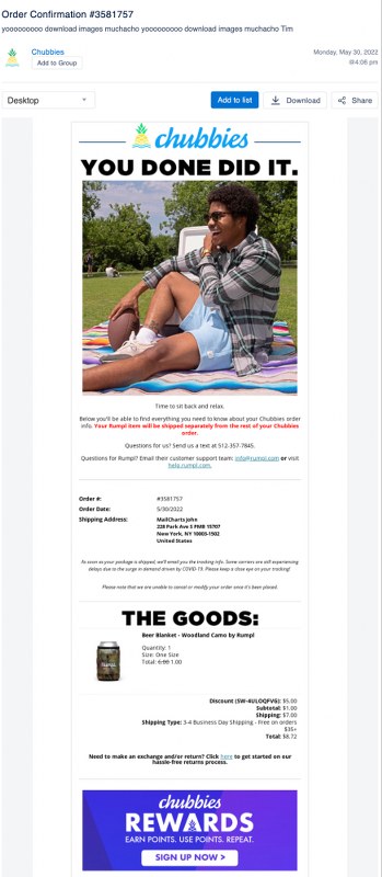 Chubbies' post purchase email.