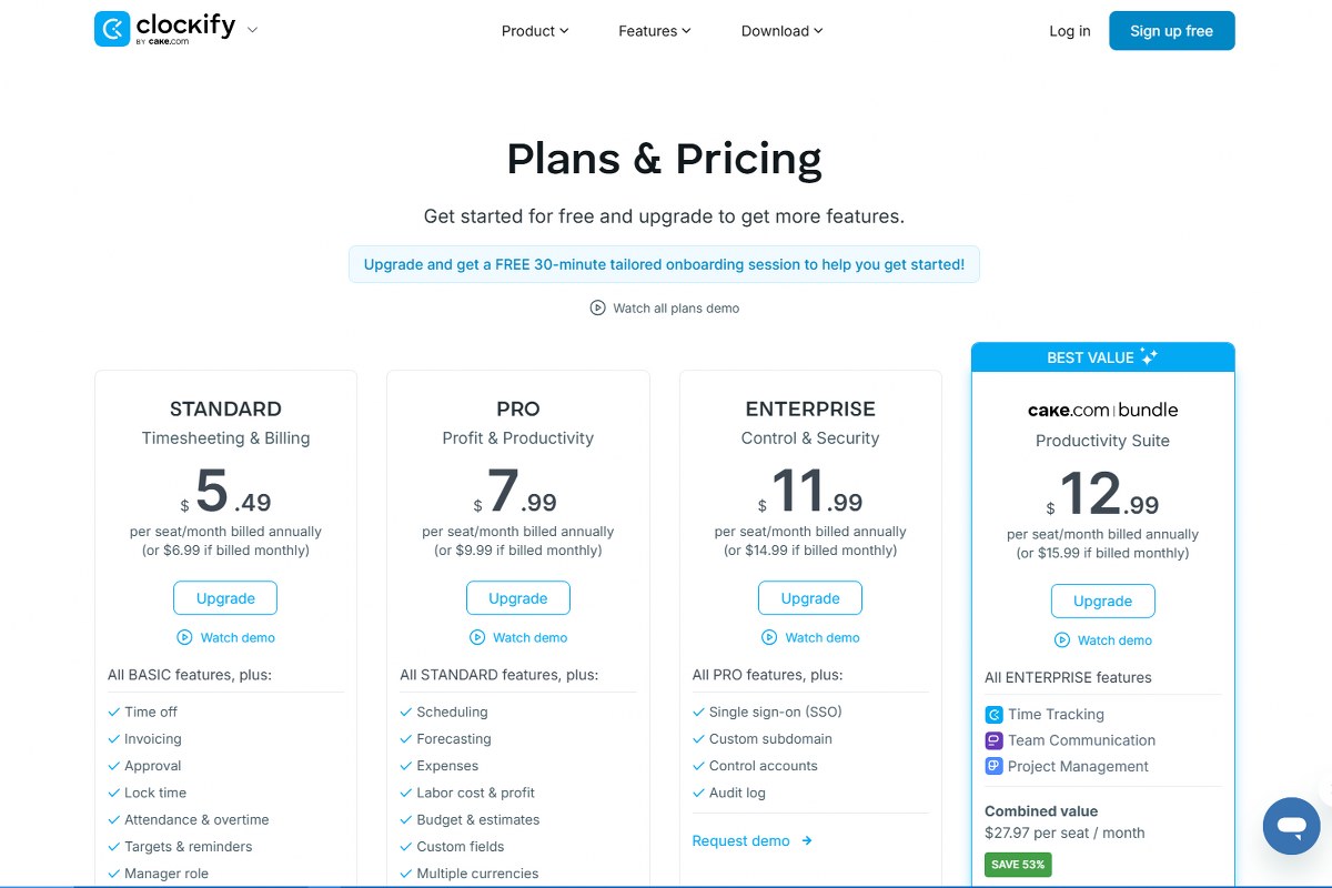 Clockify pricing page.