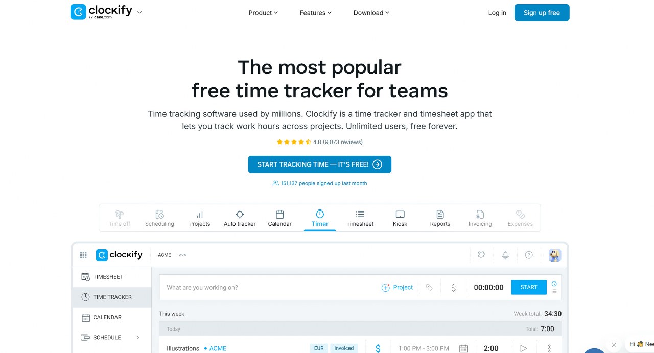 Clockify website homepage.