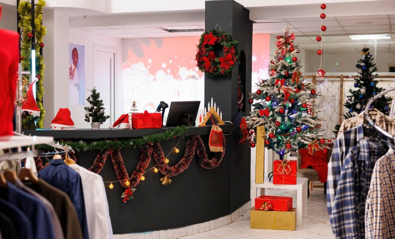 Clothing store decorated for Christmas holidays.