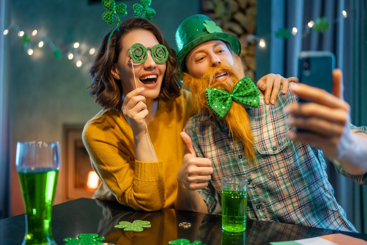 Couple Celebrating St. Patrick's Day while recording.