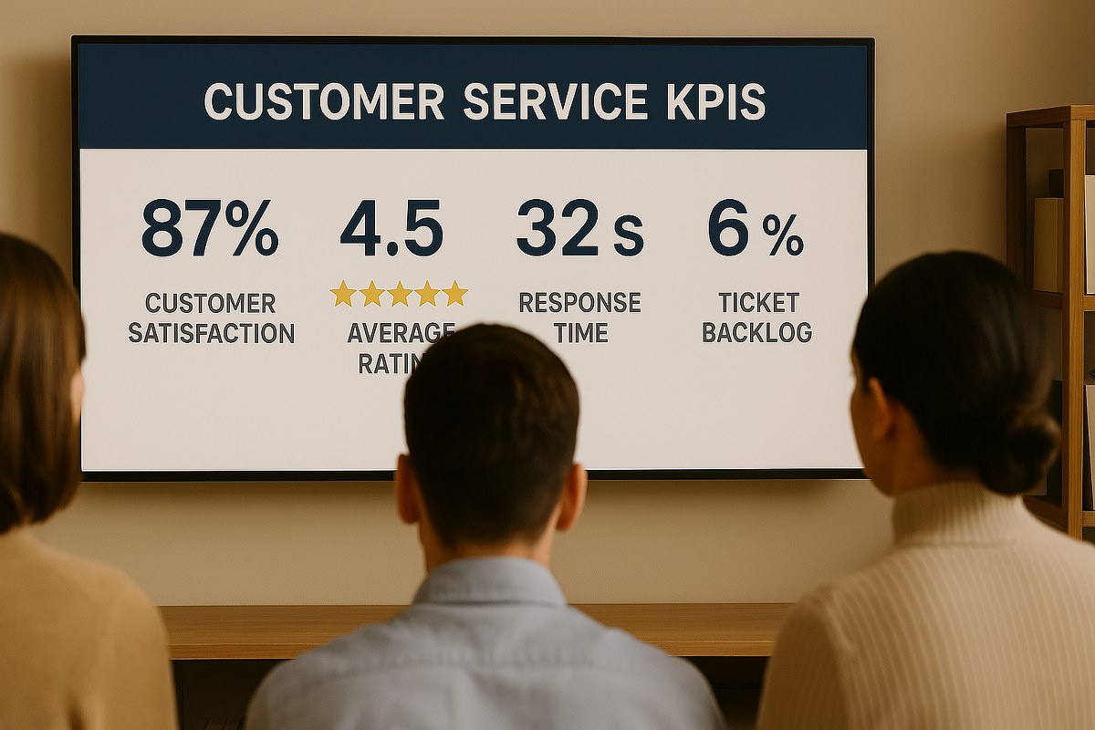 Customer service KPIs shown on a screen.