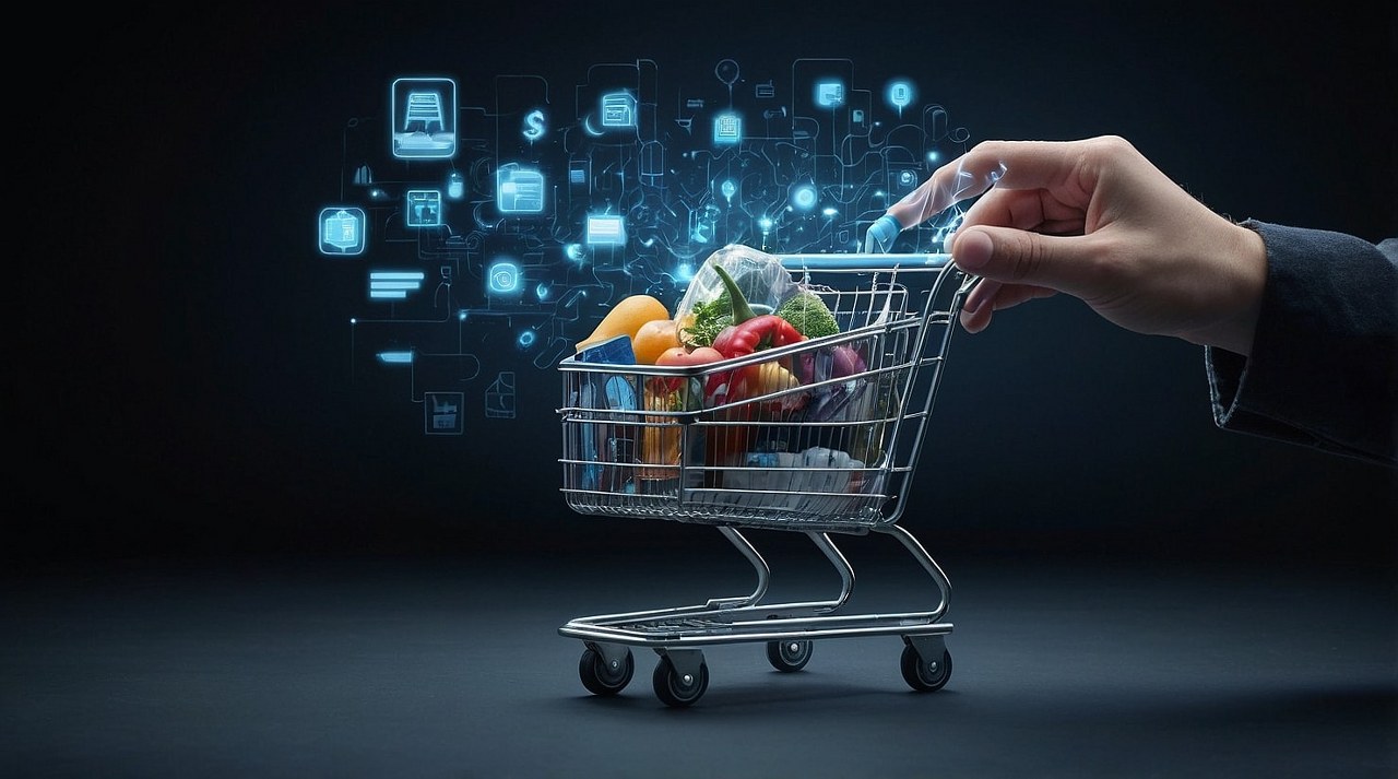 Digital economy concept: hand with shopping cart full of online finds.