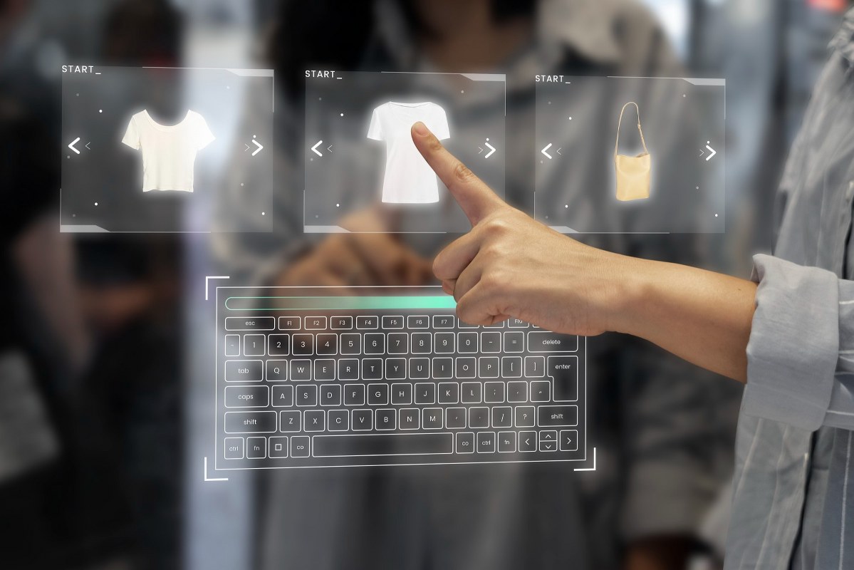 Digital wardrobe on a transparent screen.