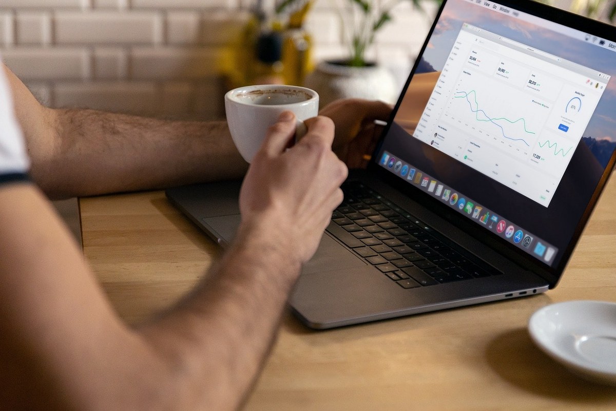 Doing research on a laptop.
