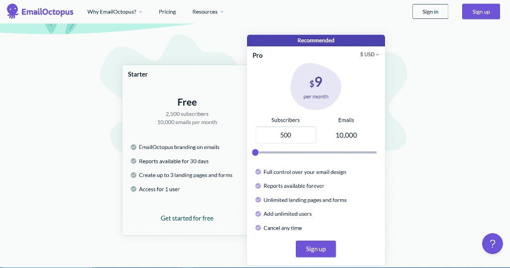 EmailOctopus free plan.