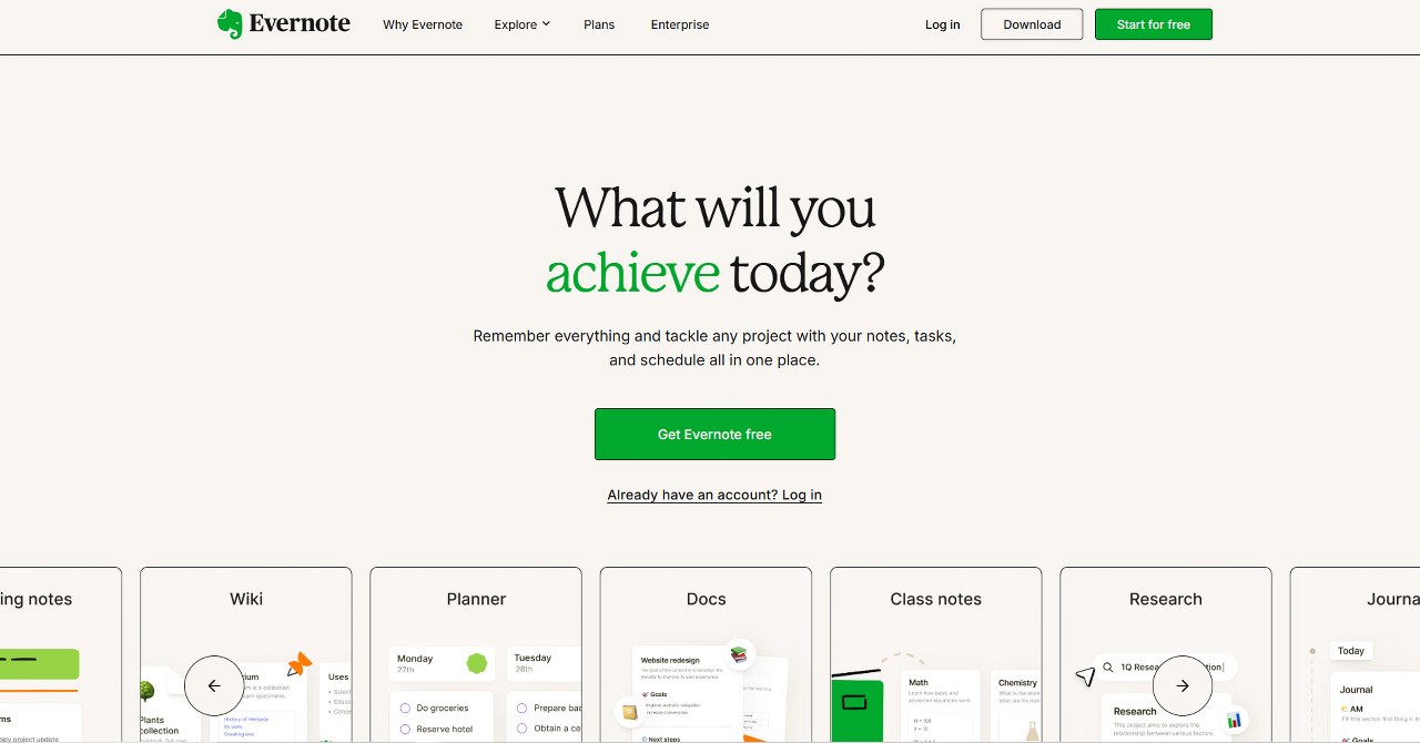 Evernote website homepage.