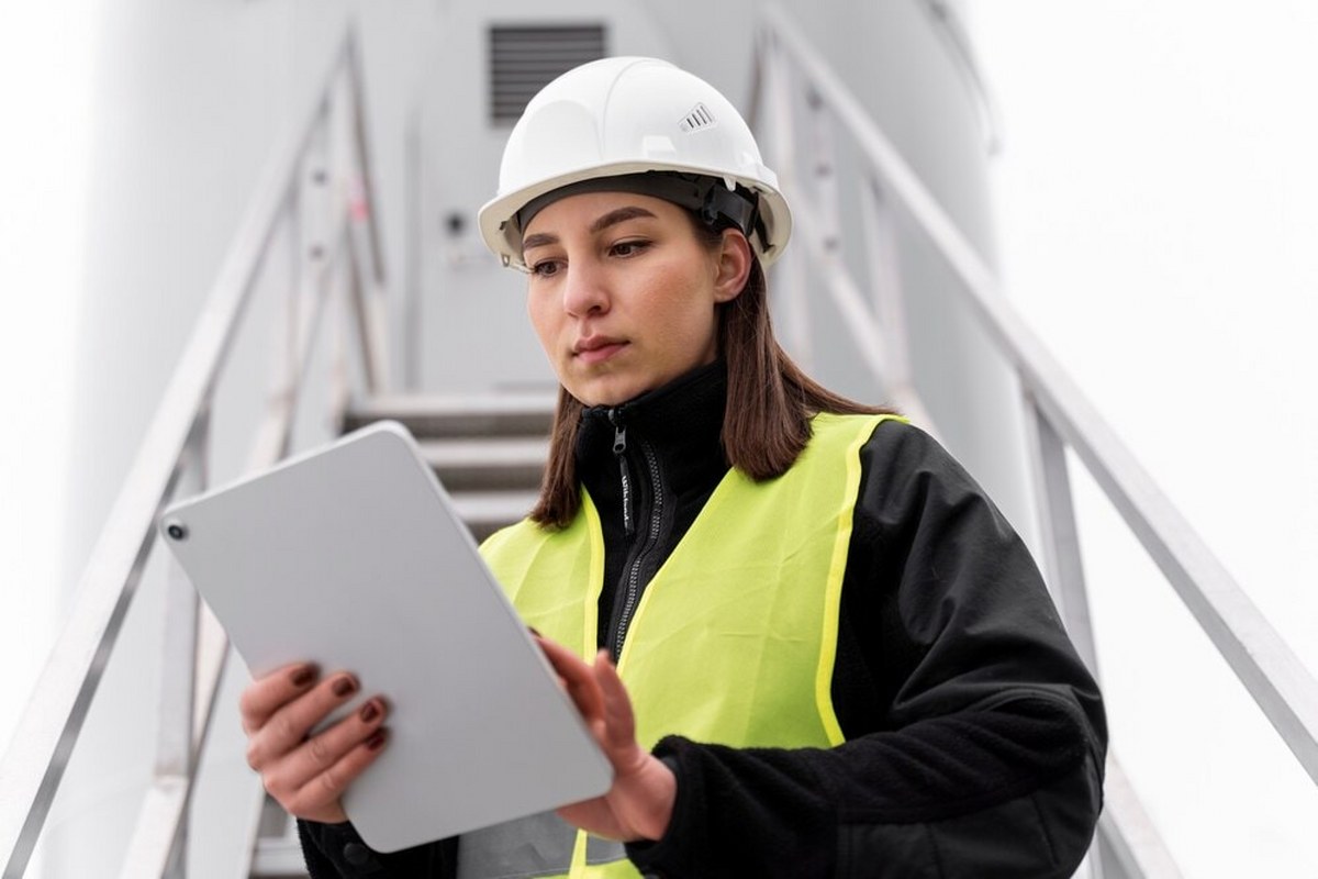 Female engineer is looking at her tablet.