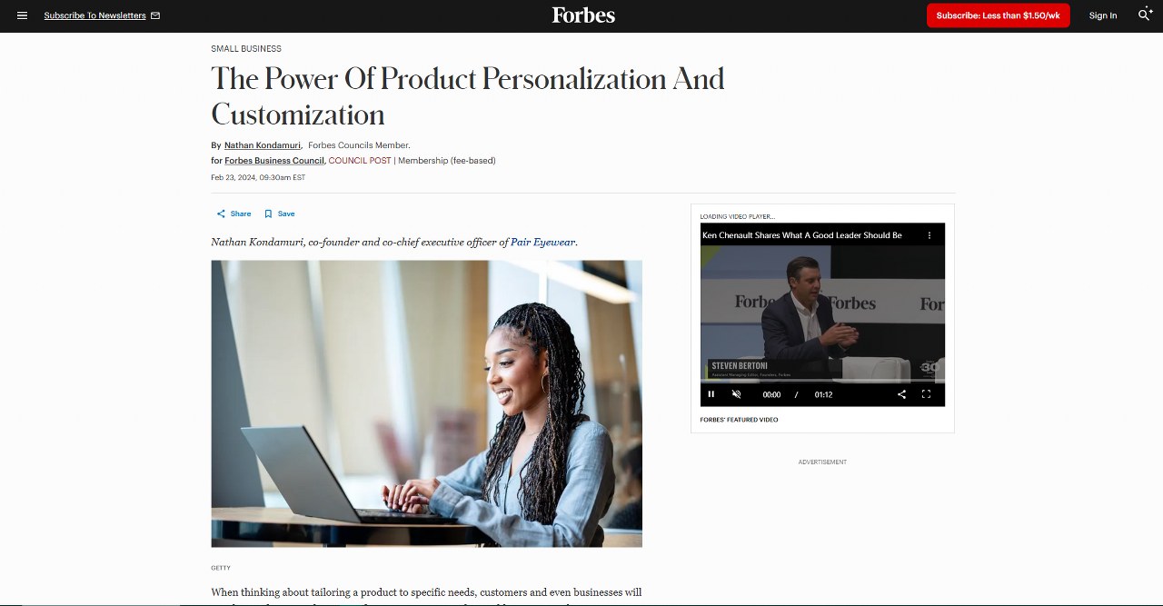 Forbes website showing article about customization.