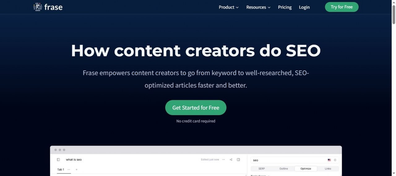 Frase.io webpage view.