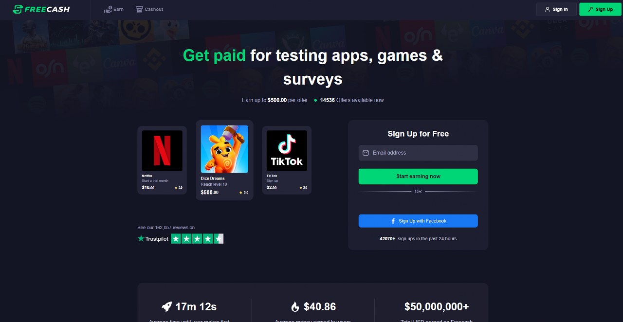 Freecash homepage.