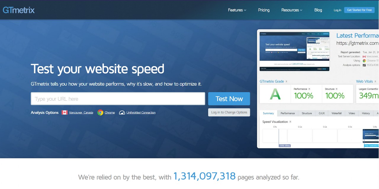 GTmetrix' website.
