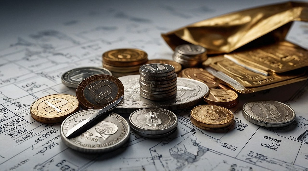 Golden and silver coins on table.