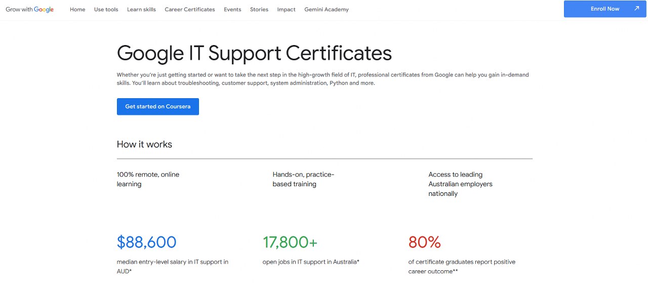 Google IT support certificates on Google website.