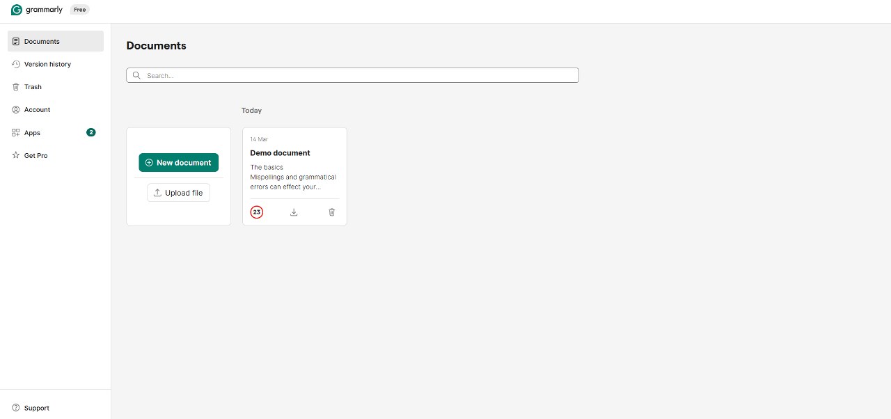 Grammarly start page.