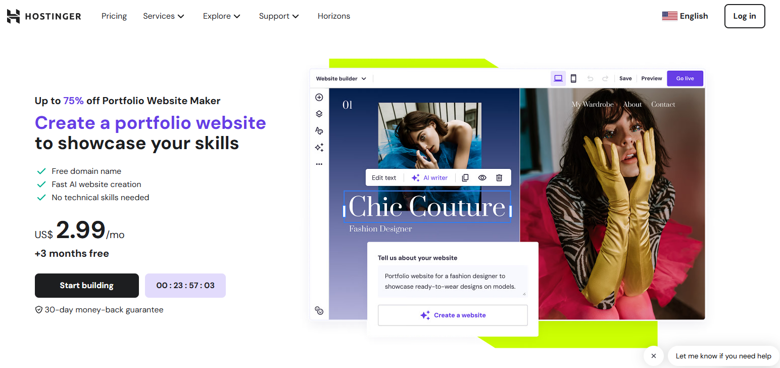 A screenshot showing portfolio website building and hosting services offered by Hostinger
