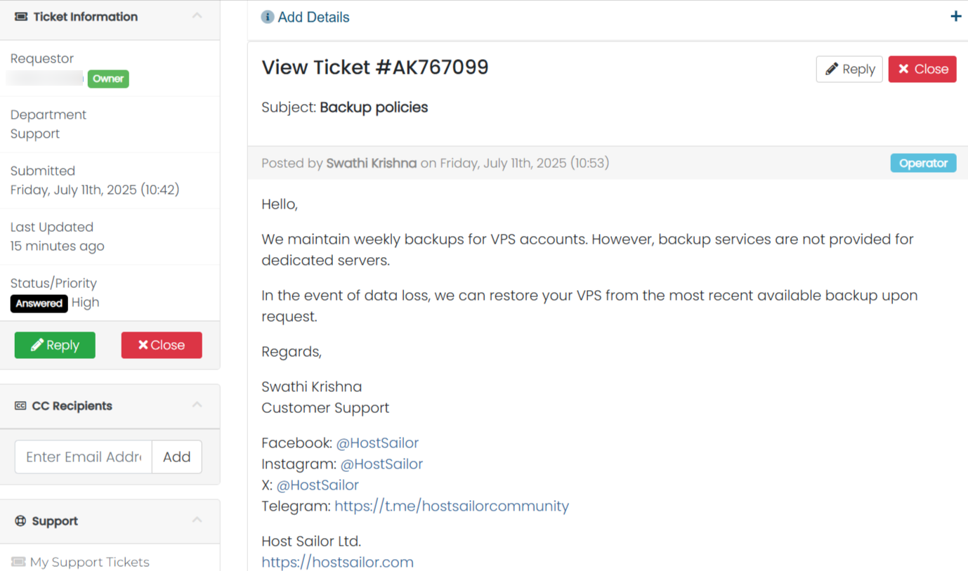 Ticket message