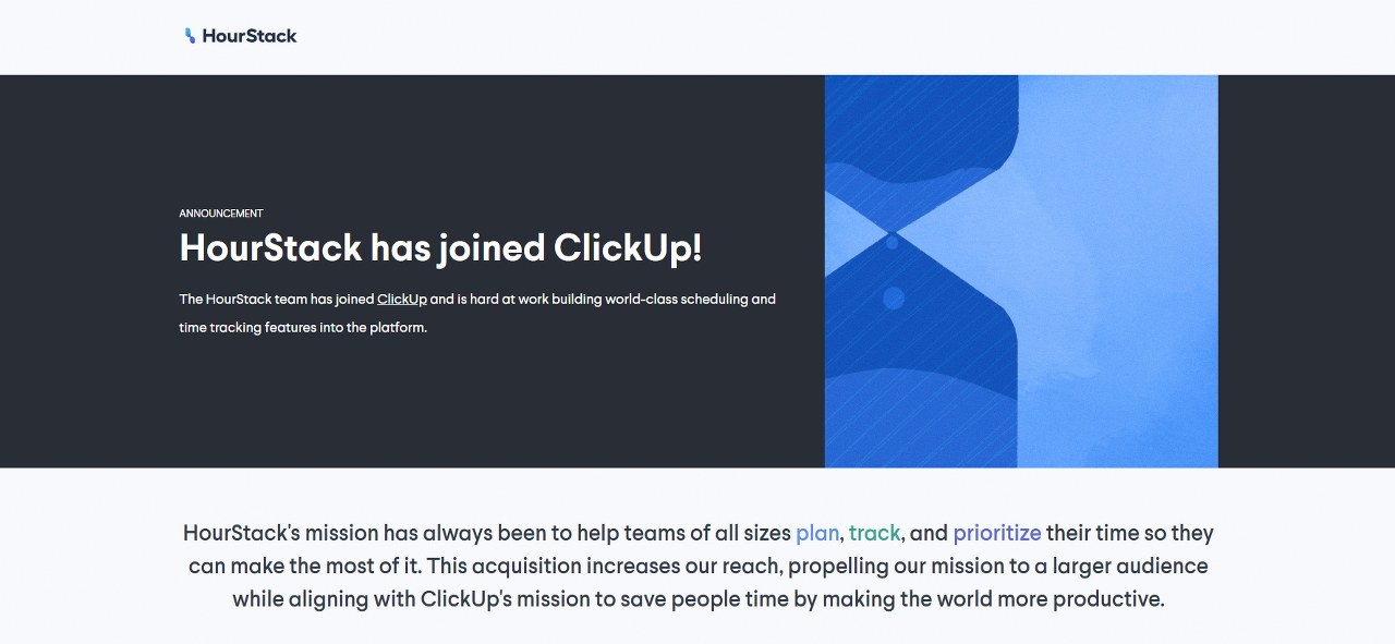 HourStack website informing users it is now enjoined with ClickUp.