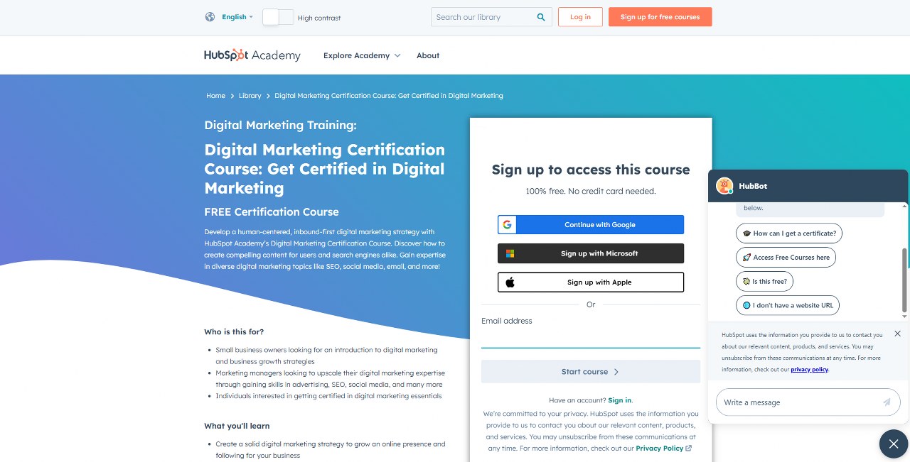 HubSpot academy homepage.