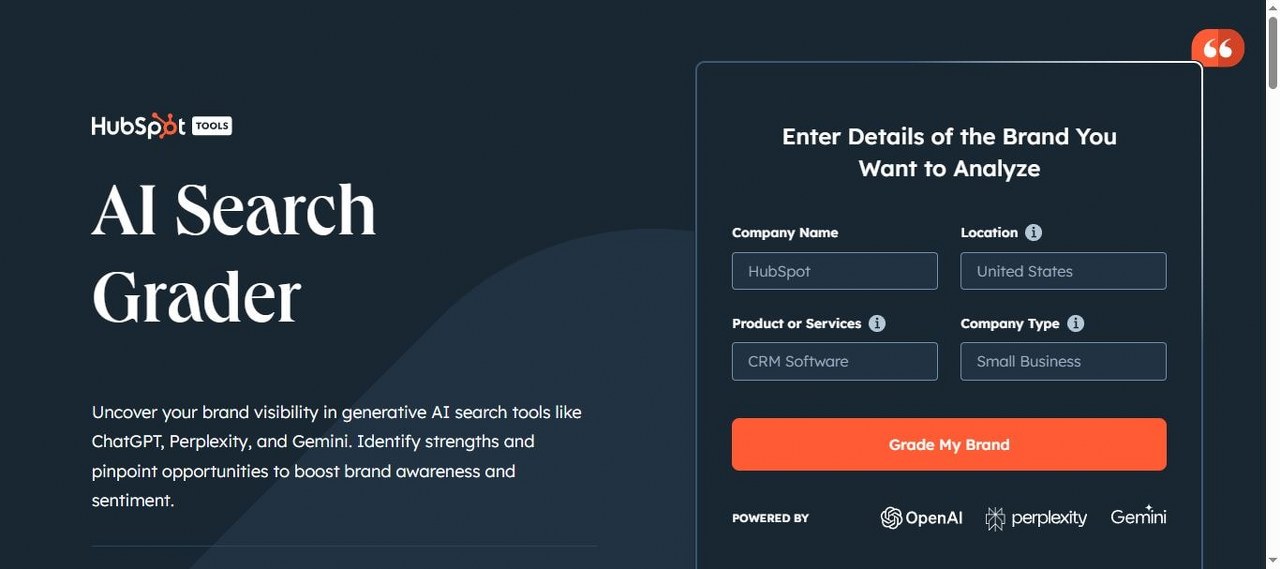 Hubspot.com AI search grader webpage view.