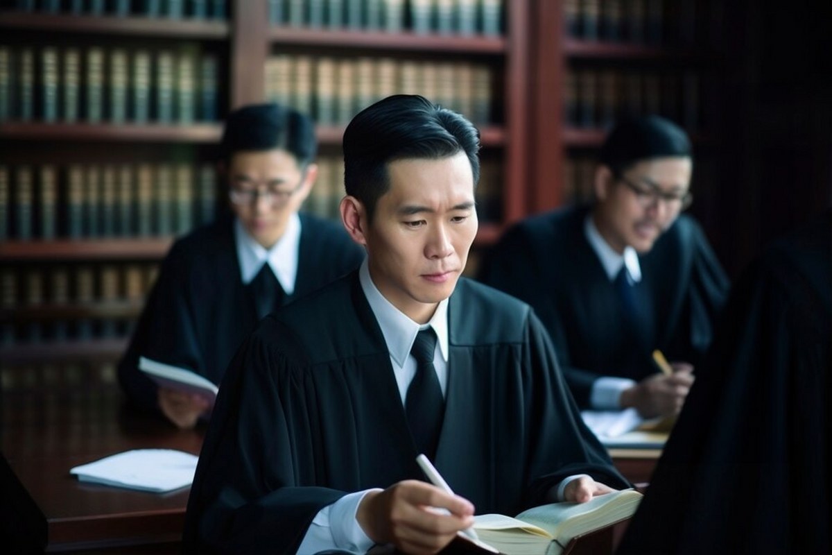 Lawyers are looking at a book.