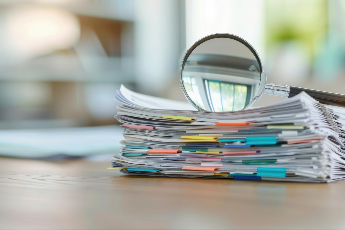 Magnifying glass on top of pile of papers.