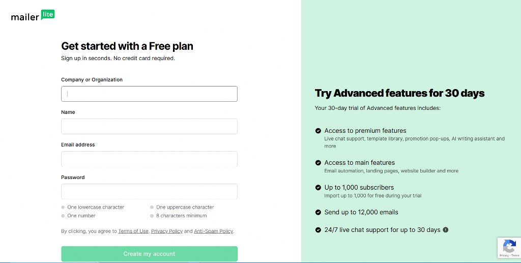 MailerLite free account creation.