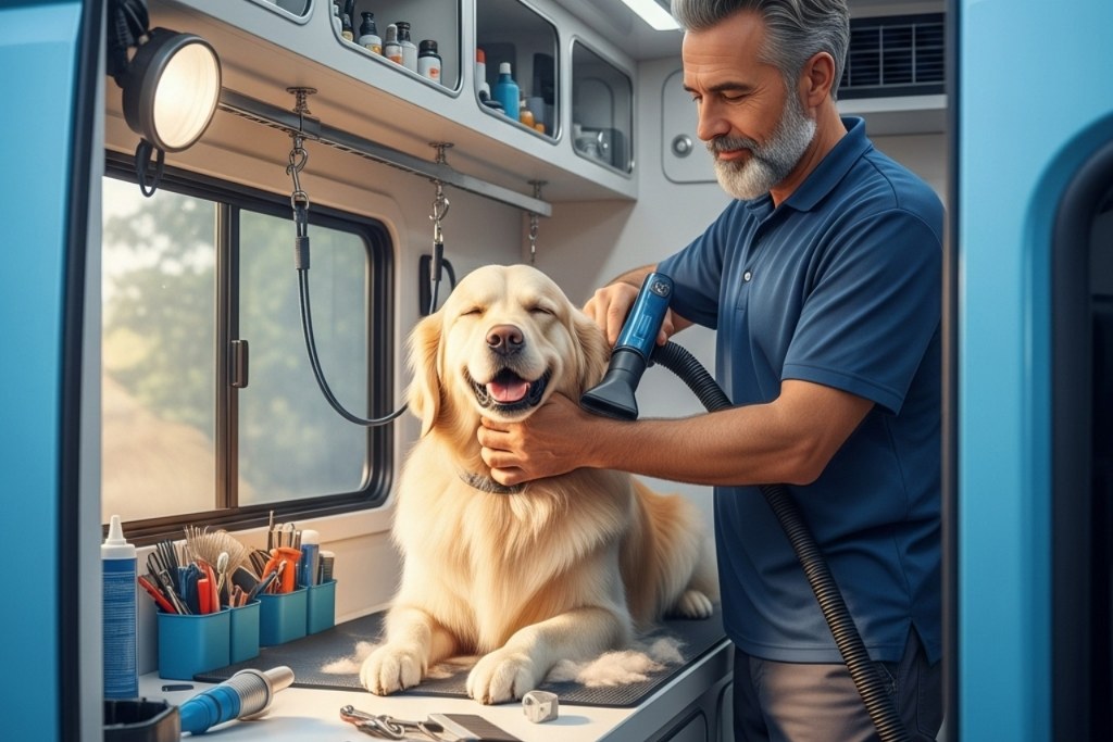 Male grooming dog inside vehicle.