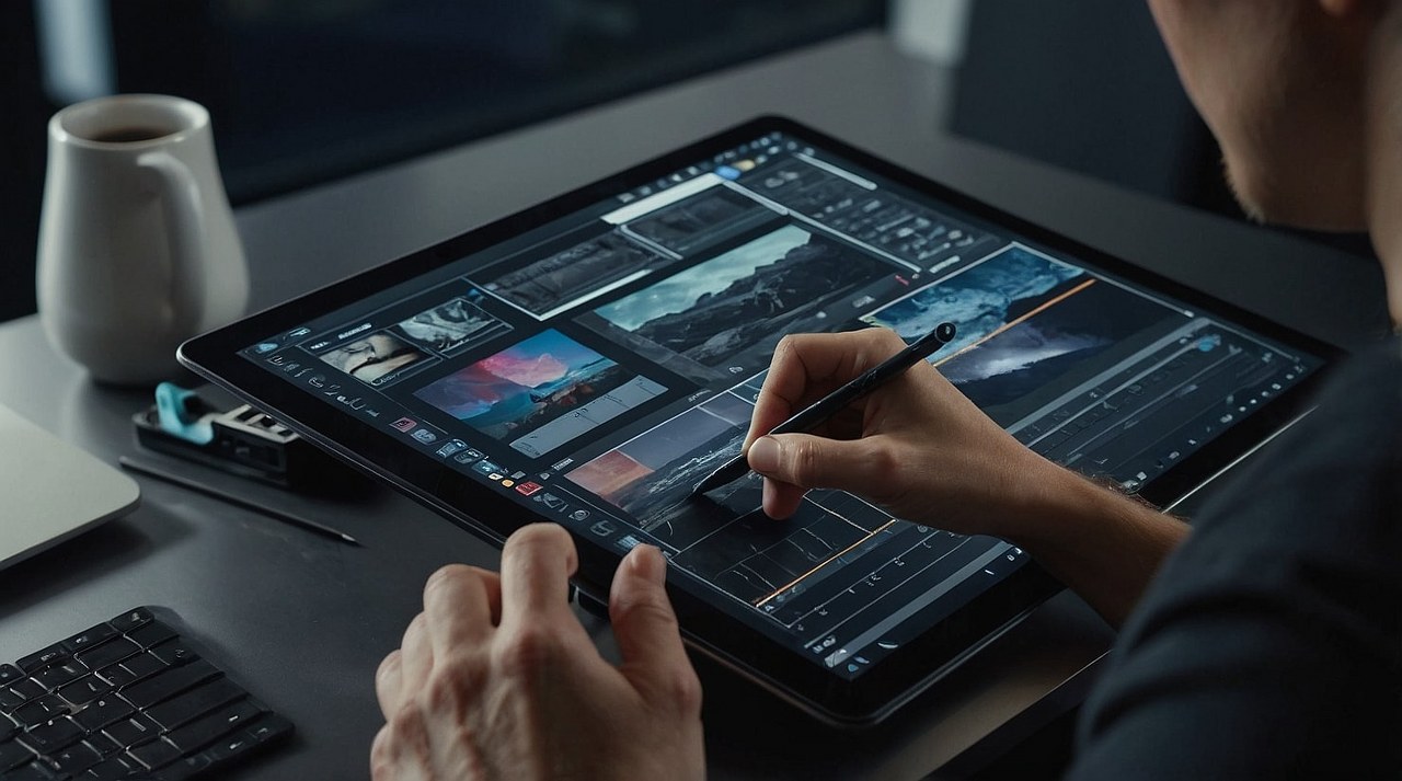 Male person using tablet to Edit video.
