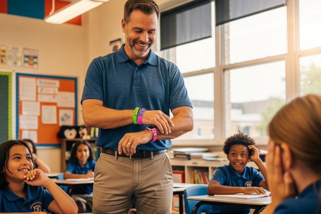 Male teacher showing his slap bracelets to his students.
