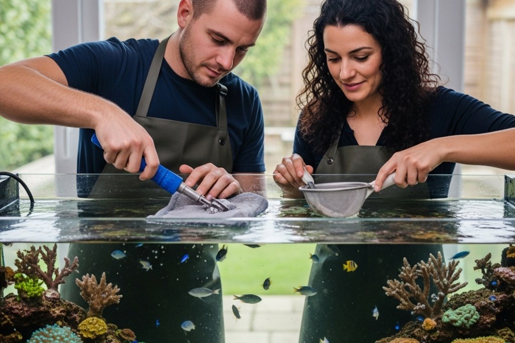 Man and woman cleaning fish tank.